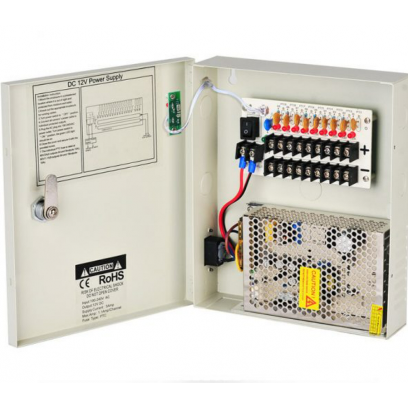 CCTV Power Supply Box Distribution Unit 9 Ports Output PTC Fuse 12V DC 10Amp 